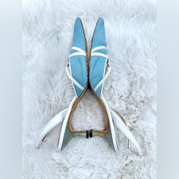 RARE Manolo Blahnik light blue pony hair leather lace-up slingback heels 37 US 7 - Picture 9 of 12